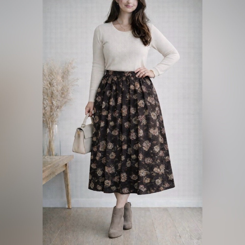 VINTAGE 90s‎ Brown Floral Pleated Midi Skirt Plus Size 18W Fall Retro Academia